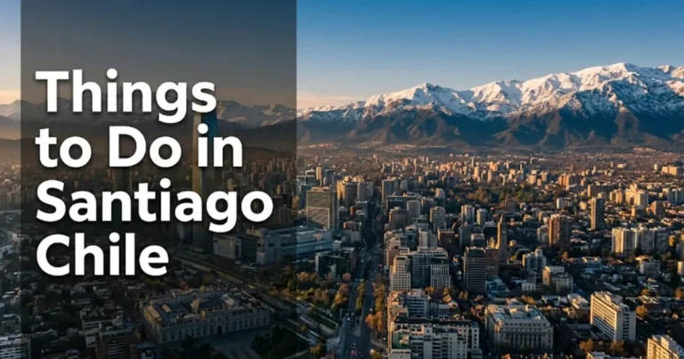 Things to do in Santiago Chile hero image showing city skyline with snow-capped Andes mountains in golden-hour light.