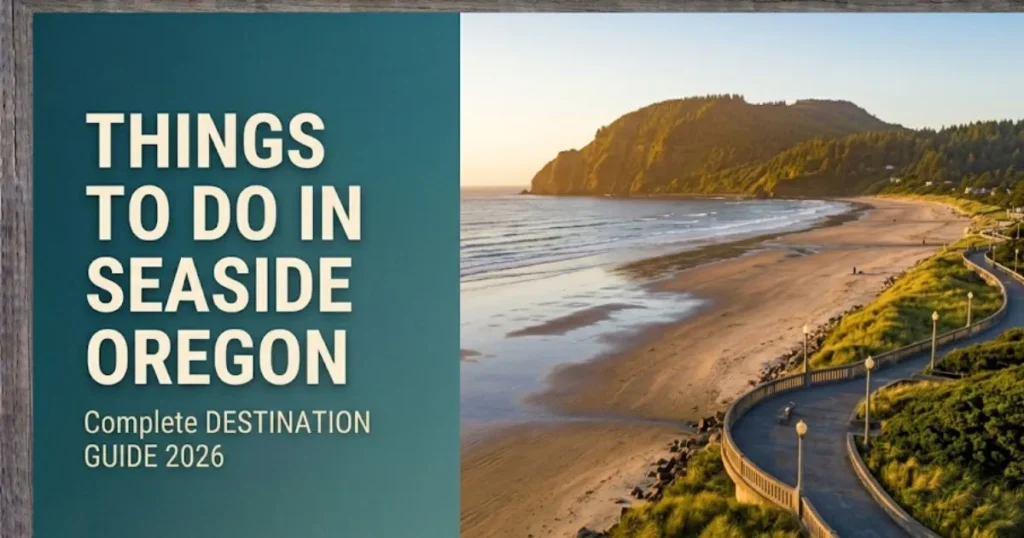 Things to do in Seaside Oregon shown in editorial hero banner featuring the Promenade beachfront and Tillamook Head at golden hour.