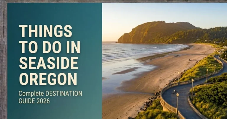 Things to do in Seaside Oregon shown in editorial hero banner featuring the Promenade beachfront and Tillamook Head at golden hour.