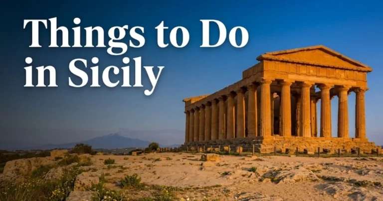 Things to do in Sicily guide hero image showing Valley of the Temples at golden hour with Mount Etna in background