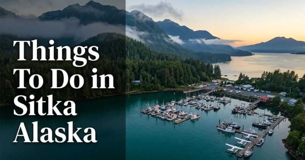 Things to do in Sitka Alaska hero banner showing Sitka Sound at golden hour with mountain and harbor views.