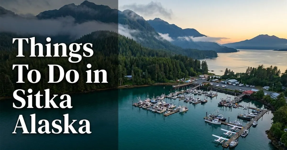 Things to do in Sitka Alaska hero banner showing Sitka Sound at golden hour with mountain and harbor views.