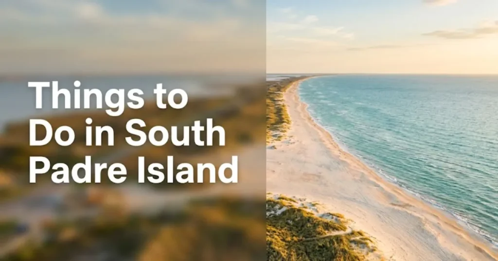 Things to do in South Padre Island, Texas, showing Gulf Coast beach and Laguna Madre Bay at golden hour from aerial view.