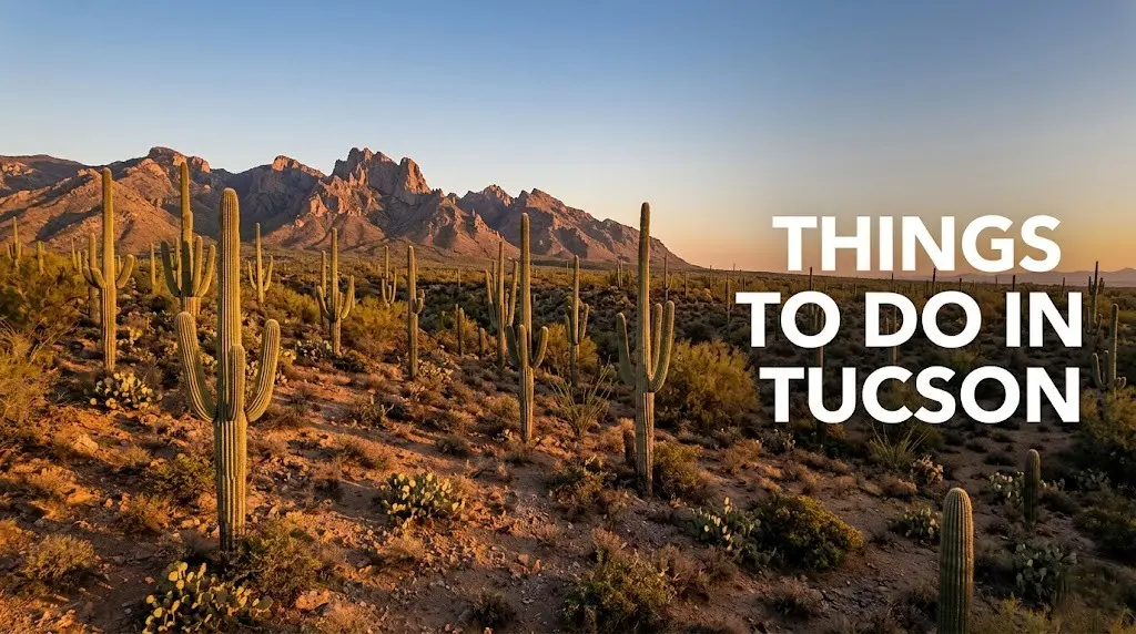 Things to do in Tucson — saguaro cactus at sunrise in the Sonoran Desert with Santa Catalina Mountains in the background