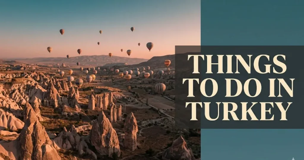 Things to do in Turkey hero image showing hot air balloons over Cappadocia fairy chimneys at golden-hour dawn