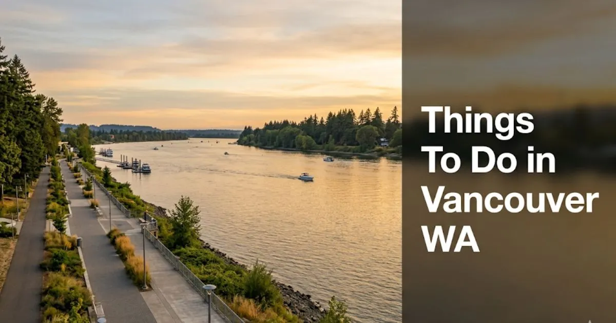 Things to do in Vancouver WA shown via a golden-hour view of the Columbia River waterfront promenade at Vancouver, Washington.