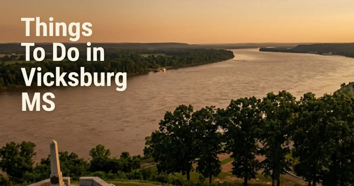 Things to do in Vicksburg MS travel guide hero image showing the Mississippi River bend at golden hour from the historic Vicksburg bluff.