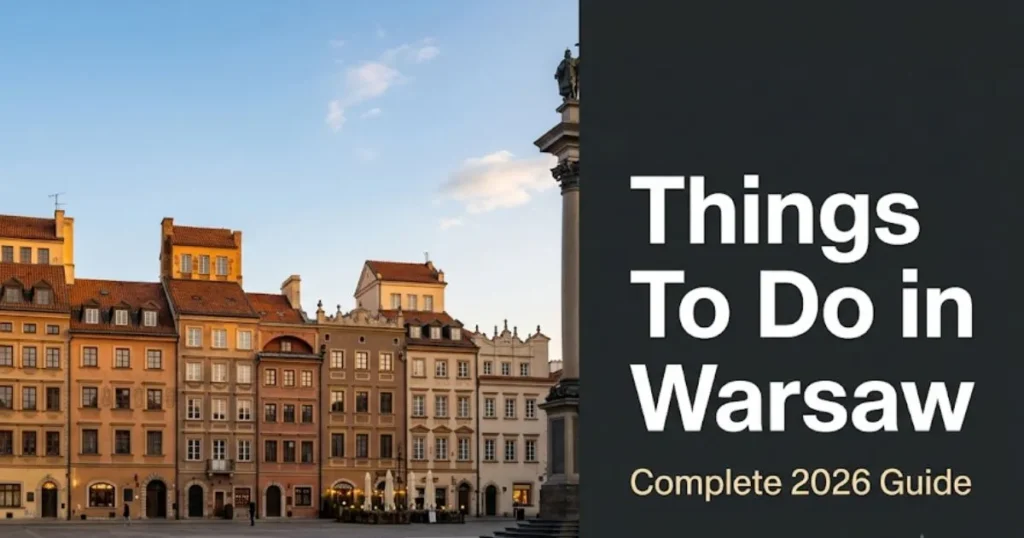 Things to do in Warsaw guide showing the Old Town Market Square at golden hour with historic merchant house facades in 2026.