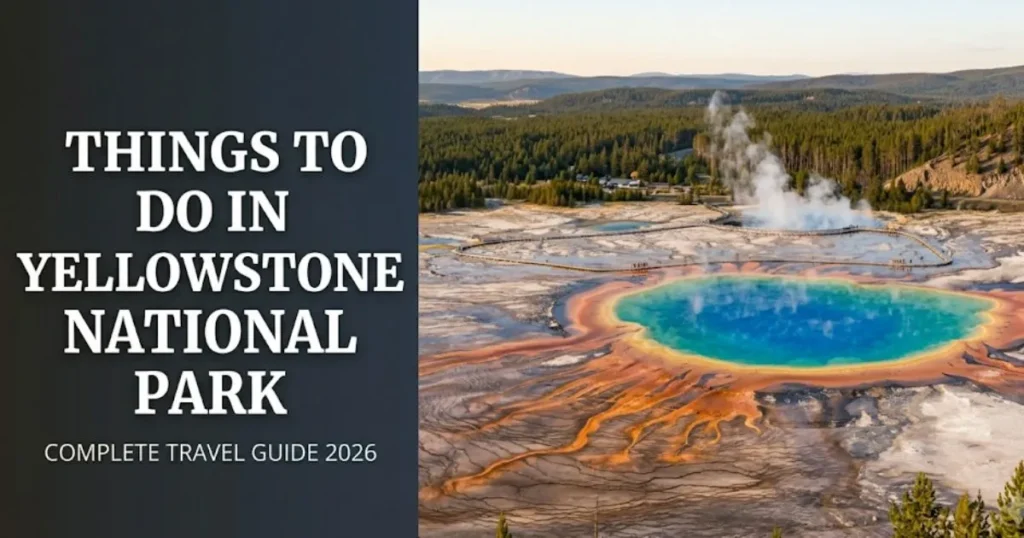 Things to do in Yellowstone National Park hero image showing aerial view of Grand Prismatic Spring with vivid blue and orange thermal rings.