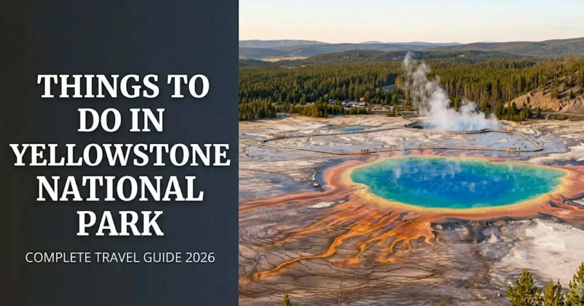 Things to do in Yellowstone National Park hero image showing aerial view of Grand Prismatic Spring with vivid blue and orange thermal rings.