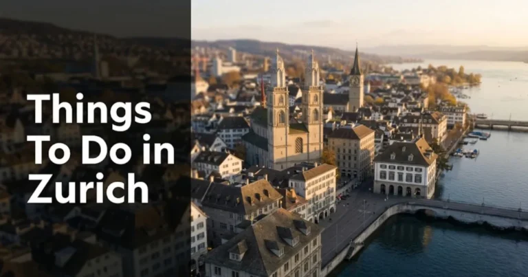 Things to do in Zurich Switzerland editorial guide showing Altstadt rooftops, Grossmünster towers, and Lake Zurich at golden hour.