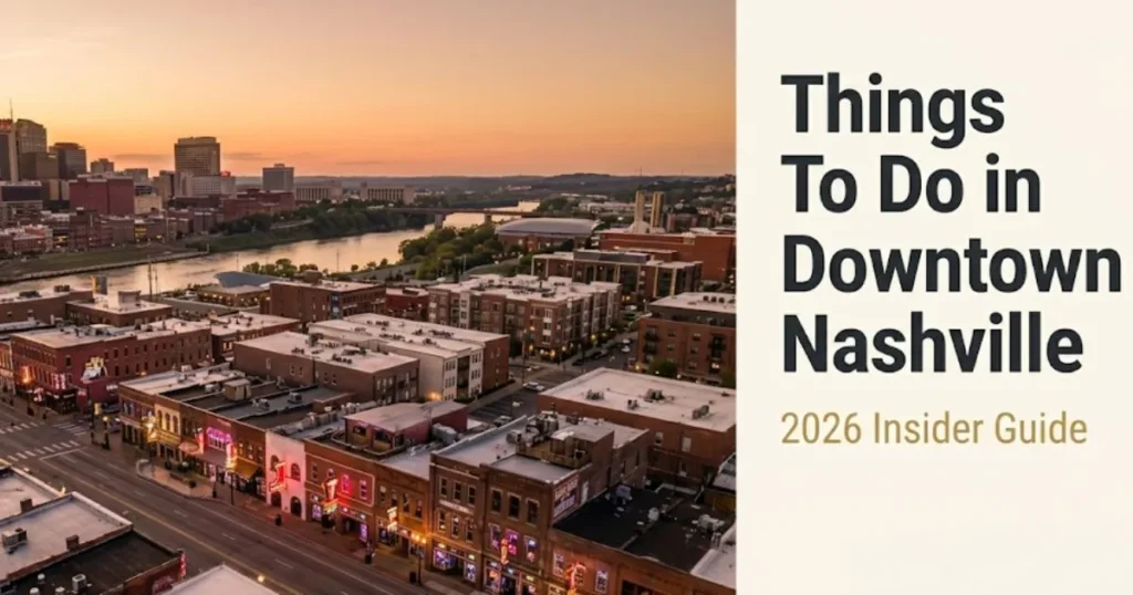 Things to do in downtown Nashville guide showing Lower Broadway neon signs and Nashville skyline at golden hour