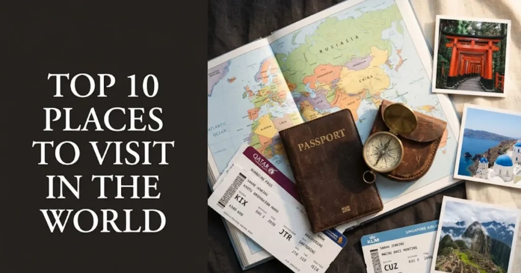 Top 10 places to visit in the world editorial flat-lay with passport, atlas, and global destination photos on linen surface.