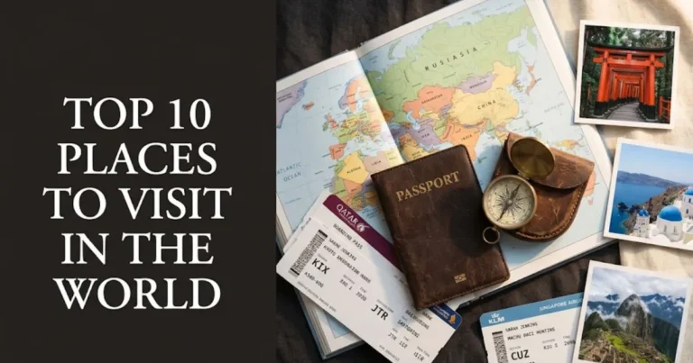 Top 10 places to visit in the world editorial flat-lay with passport, atlas, and global destination photos on linen surface.