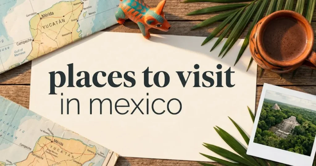 Top-down travel flat-lay with a map, a colorful alebrije, and a pyramid photo, styled as a hero image for an article on the best places to visit in Mexico.