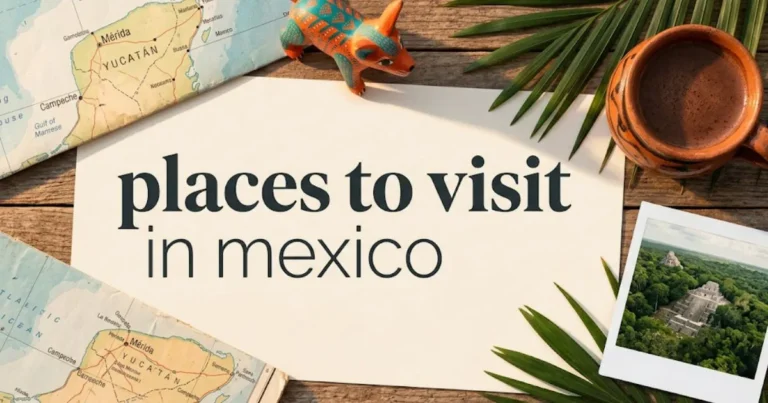 Top-down travel flat-lay with a map, a colorful alebrije, and a pyramid photo, styled as a hero image for an article on the best places to visit in Mexico.