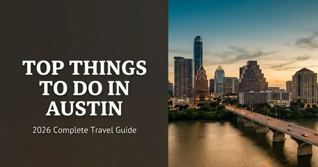 Top things to do in Austin guide banner showing Congress Avenue Bridge and Lady Bird Lake at golden hour dusk.