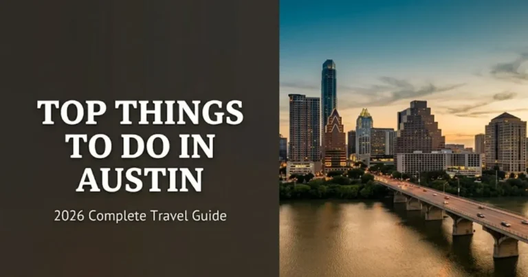Top things to do in Austin guide banner showing Congress Avenue Bridge and Lady Bird Lake at golden hour dusk.