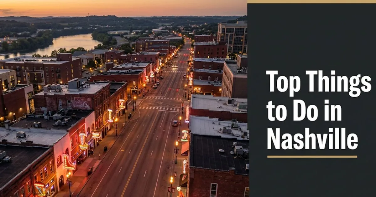 Top things to do in Nashville guide hero image showing Lower Broadway at golden hour with neon signs and the Cumberland River skyline.