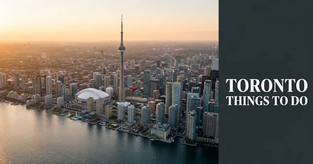 Toronto skyline at golden hour over Lake Ontario with bold headline text reading Toronto Things To Do on charcoal editorial background.