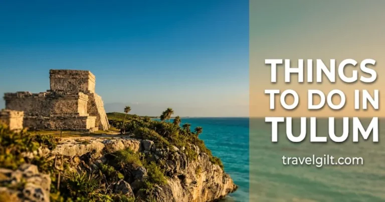 Tulum Archaeological Zone cliff ruins overlooking the Caribbean Sea at golden hour, headline reads things to do in tulum