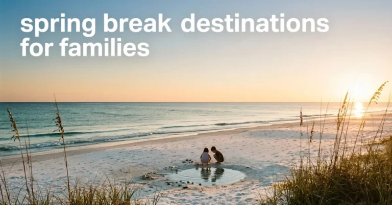 Two children play in a tide pool on a white sand beach at sunset, illustrating the best spring break destinations for families in 2026.