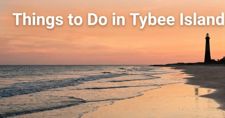 Tybee Island beach at golden hour with the historic lighthouse in view, showcasing the best things to do in tybee island including beach walks and landmark visits.