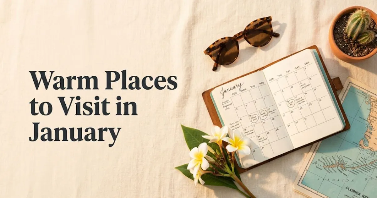 Warm Places to Visit in January travel planning flat-lay with tropical and desert destination objects.