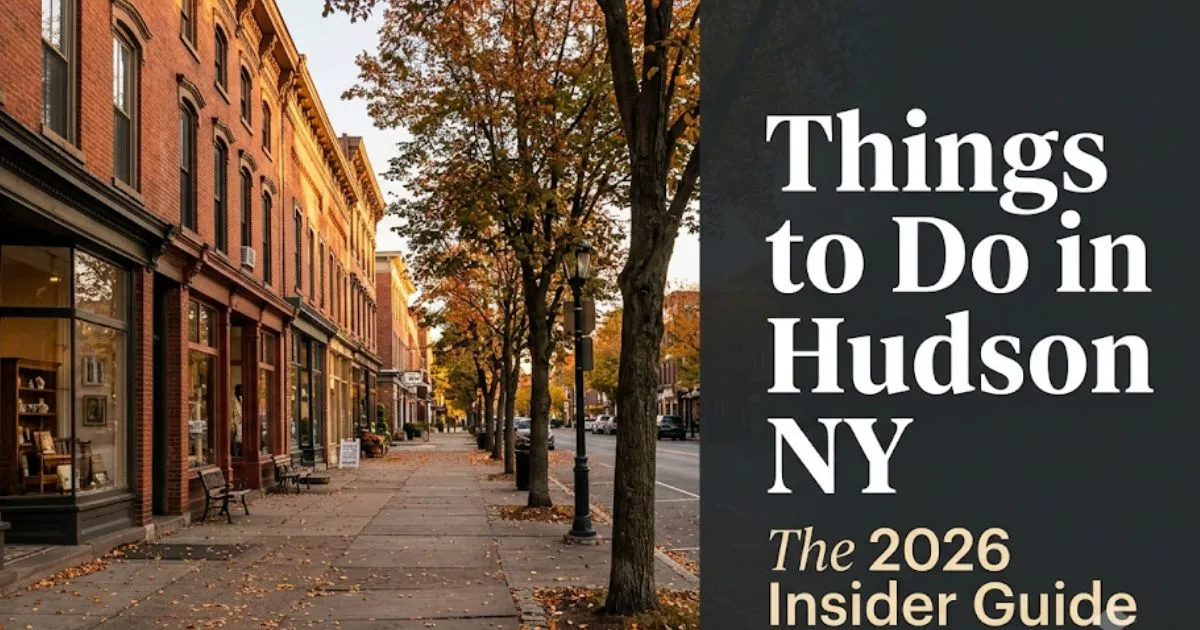 Warren Street in Hudson NY in autumn golden-hour light with text overlay reading Things to Do in Hudson NY