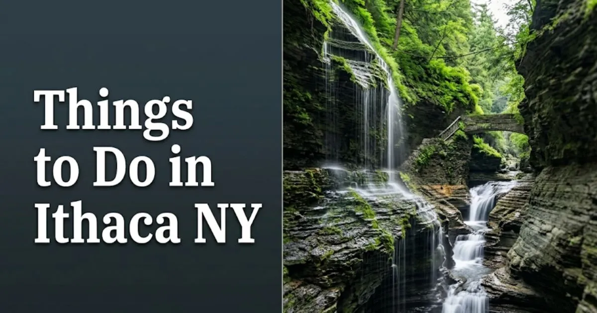 Waterfall cascading through a narrow shale gorge in Ithaca NY with editorial headline text overlay reading Things to Do in Ithaca NY