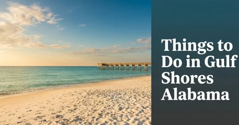 _White sand beach at golden hour in Gulf Shores Alabama, editorial hero banner for things to do in gulf shores alabama travel guide