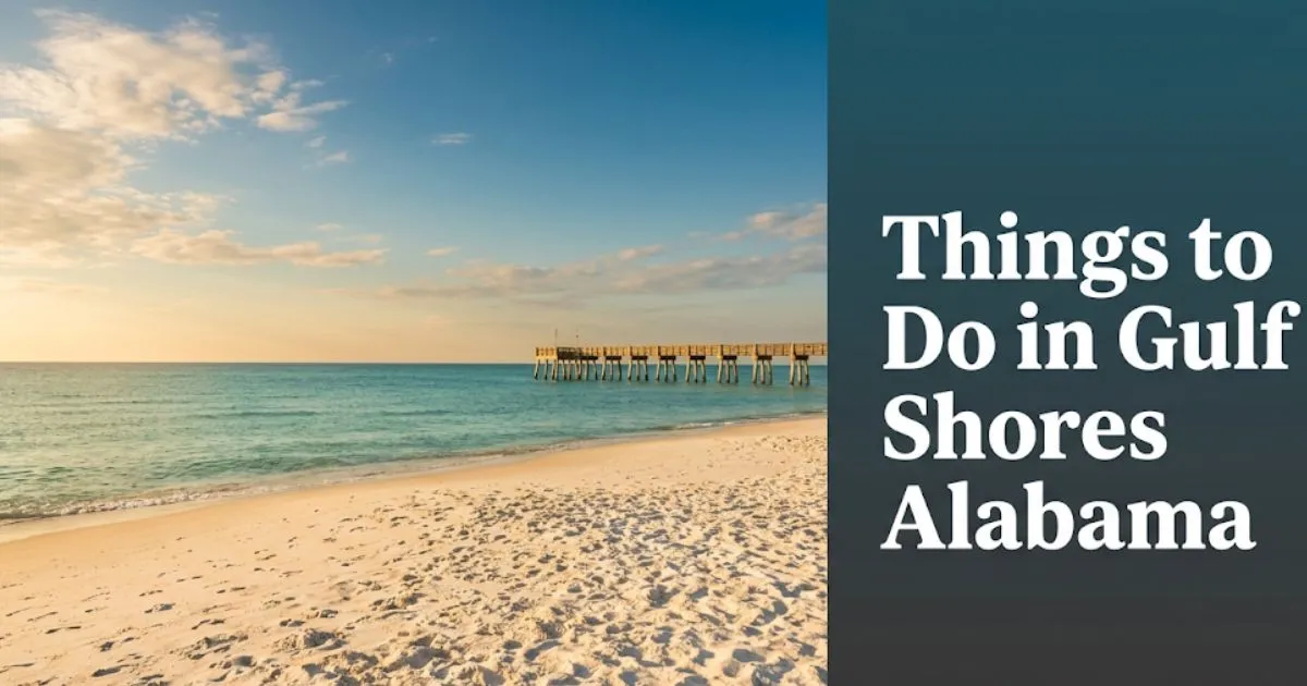 _White sand beach at golden hour in Gulf Shores Alabama, editorial hero banner for things to do in gulf shores alabama travel guide