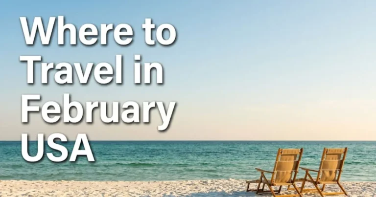 Wide-angle Gulf Coast beach in February sunshine with the text Where to Travel in February USA overlaid in bold white type.
