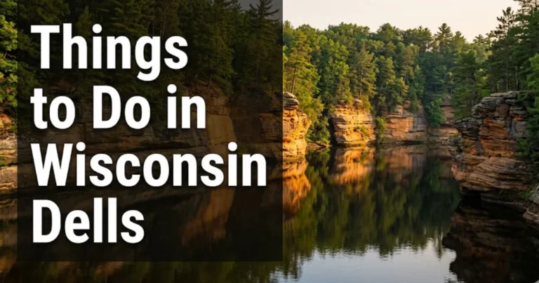_Wisconsin River sandstone canyon at golden hour with Things to Do in Wisconsin Dells text overlay, 2026 travel guide hero image