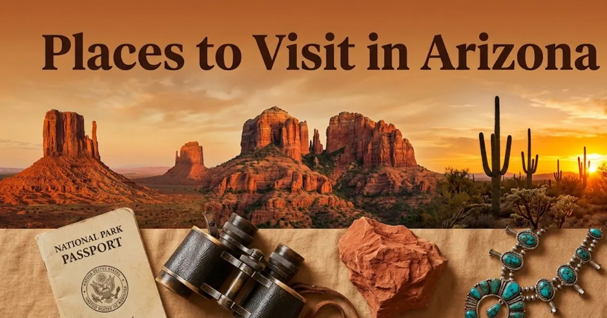 Banner image with headline "Places to Visit in Arizona" above a composite desert landscape of Monument Valley, Sedona red rocks, and saguaro cacti at golden hour with travel accessories in the foreground.