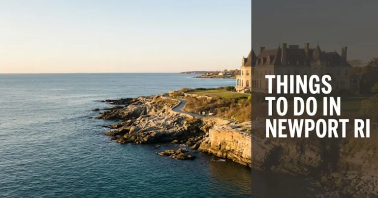 things to do in newport ri coastal Cliff Walk view with Narragansett Bay and Gilded Age mansion silhouette at golden hour