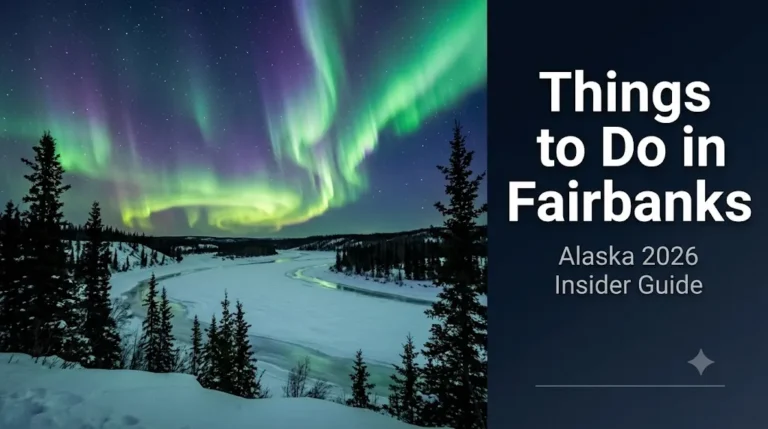 Things to Do in Fairbanks Alaska guide hero image showing northern lights over boreal winter landscape.