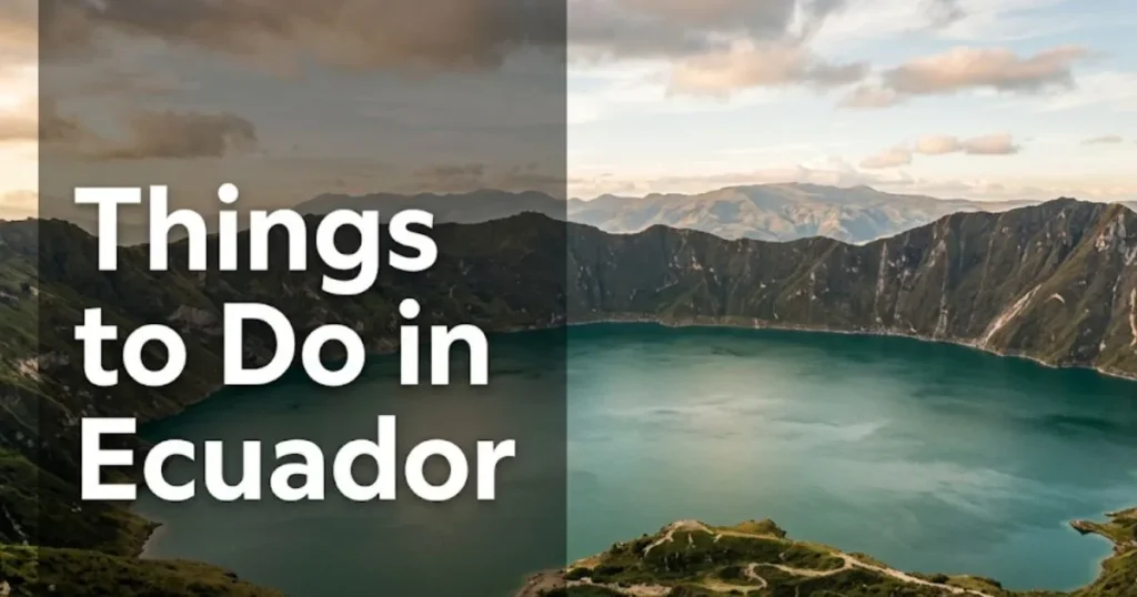 A turquoise volcanic crater lake in the Ecuadorian Andes with text reading Things to Do in Ecuador overlaid on the image.