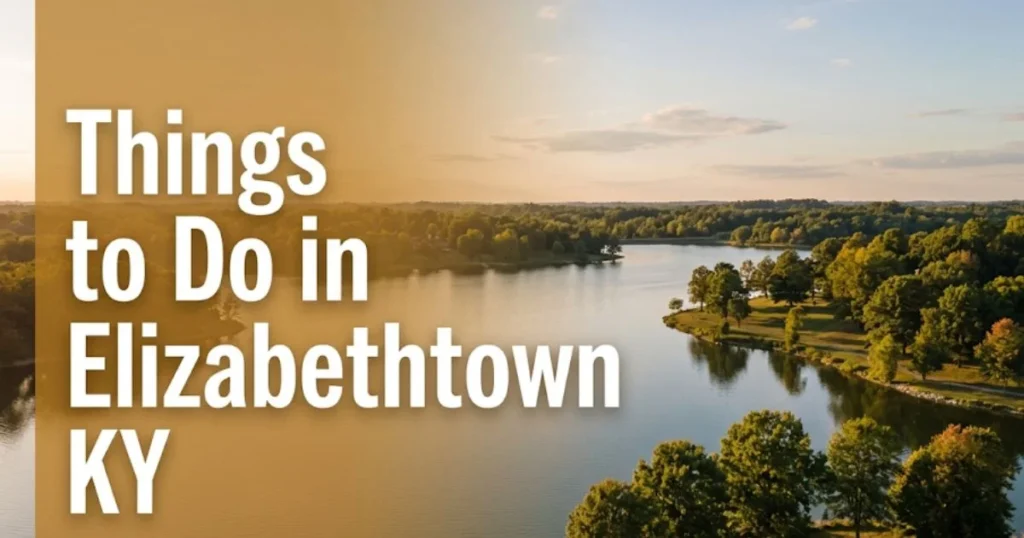 Aerial editorial view of Freeman Lake Park in Elizabethtown KY at golden hour with headline text overlay for things to do in elizabethtown ky