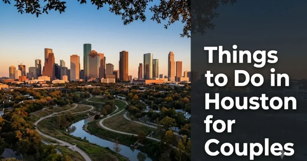 Aerial golden-hour view of Buffalo Bayou Park with Houston skyline, captioned Things to Do in Houston for Couples