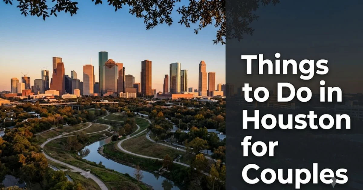 Aerial golden-hour view of Buffalo Bayou Park with Houston skyline, captioned Things to Do in Houston for Couples