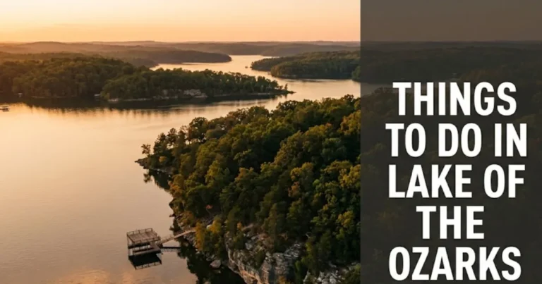 Aerial golden-hour view of Lake of the Ozarks shoreline with text overlay reading Things to Do in Lake of the Ozarks