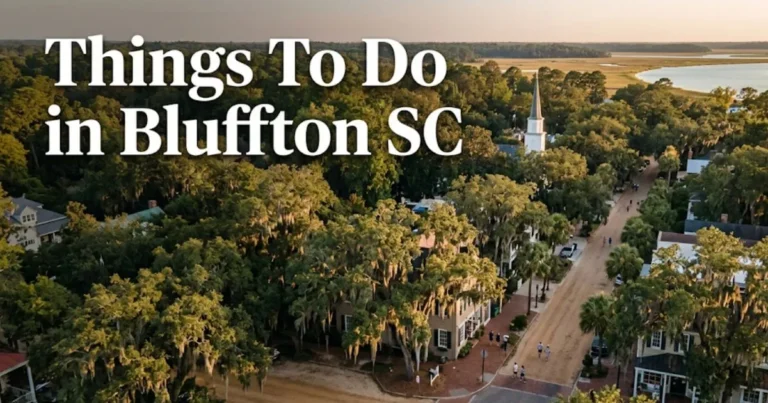 Aerial golden-hour view of Old Town Bluffton SC live oak canopy and May River with article title overlay for things to do in bluffton sc