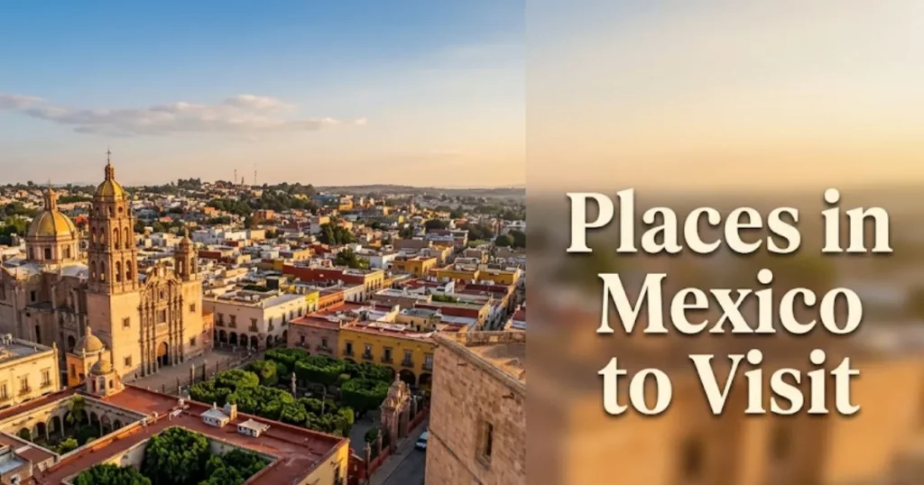 Aerial golden-hour view of a Mexican colonial city's terracotta rooftops and baroque church dome, text reads Places in Mexico to Visit