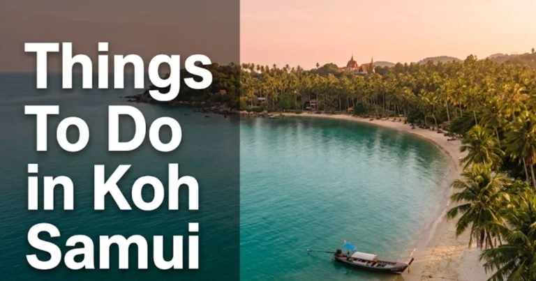 Aerial view of Koh Samui's north coast bay with palm trees and longtail boat, with Things To Do in Koh Samui headline text
