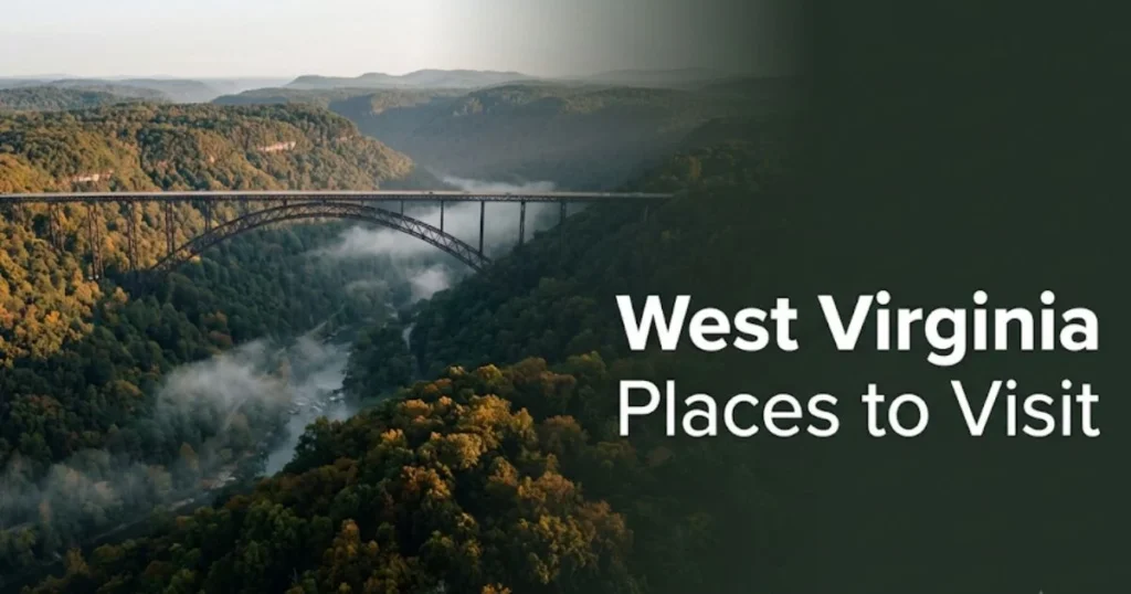 Aerial view of New River Gorge at golden hour, text overlay reads West Virginia Places to Visit, 2026 travel guide