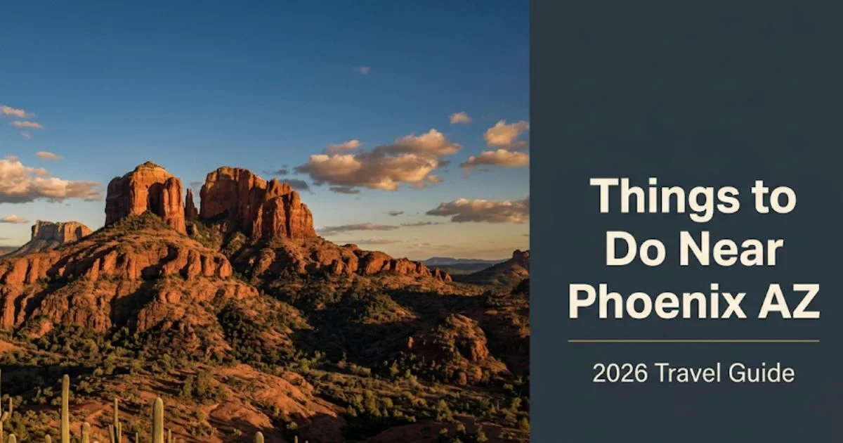 Aerial view of Sedona red rock formations at golden hour with Things to Do Near Phoenix AZ headline overlay for 2026 travel guide.
