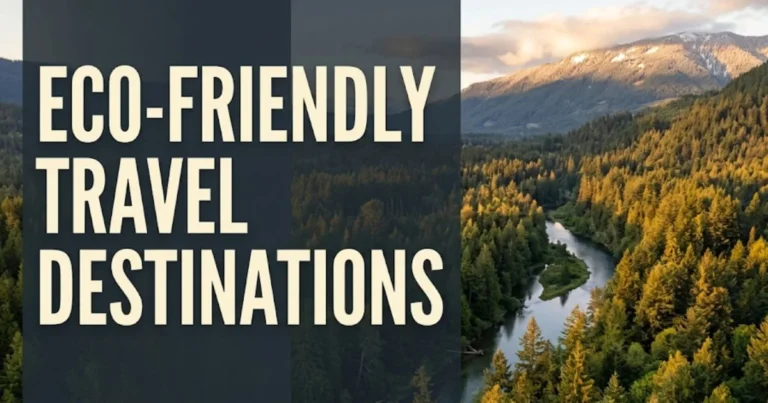 Aerial view of a temperate rainforest valley representing eco-friendly travel destinations in the US for 2026, with text overlay.