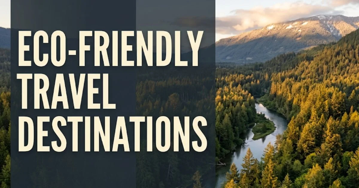 Aerial view of a temperate rainforest valley representing eco-friendly travel destinations in the US for 2026, with text overlay.