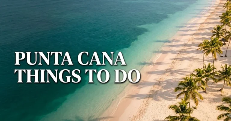 Aerial view of a turquoise Punta Cana beach at golden hour with bold headline reading Punta Cana Things To Do